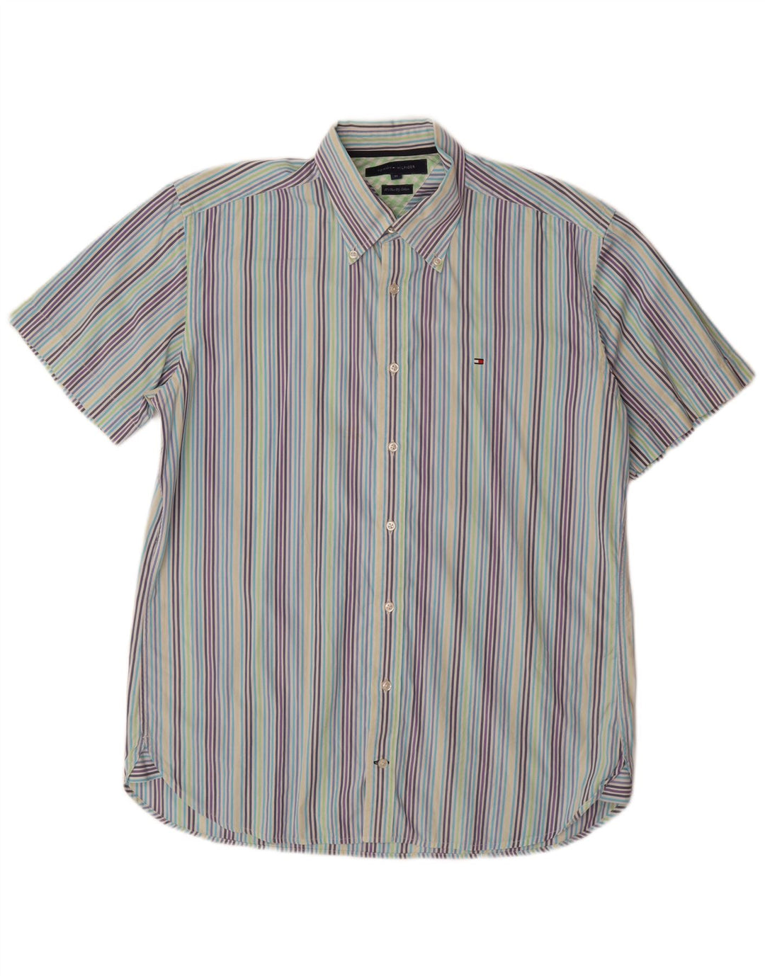 TOMMY HILFIGER Mens Short Sleeve Shirt Medium Multicoloured Pinstripe 80s