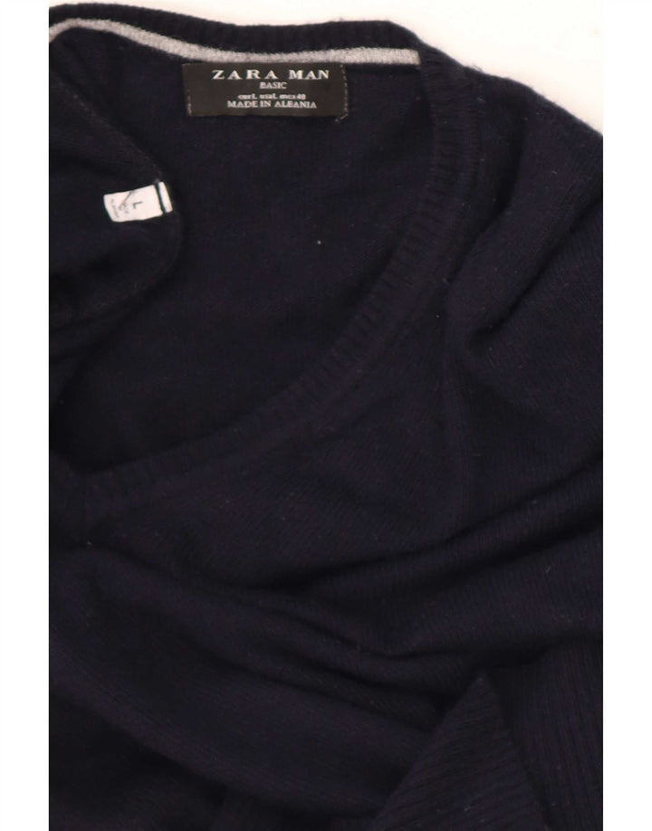 Zara Mens V-Neck Jumper Sweater Large Navy Blue