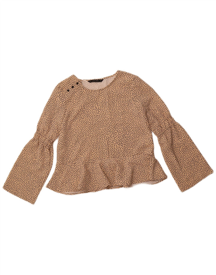 ZARA langærmet blusetop til kvinder DK 10 Lille beige plettet polyester