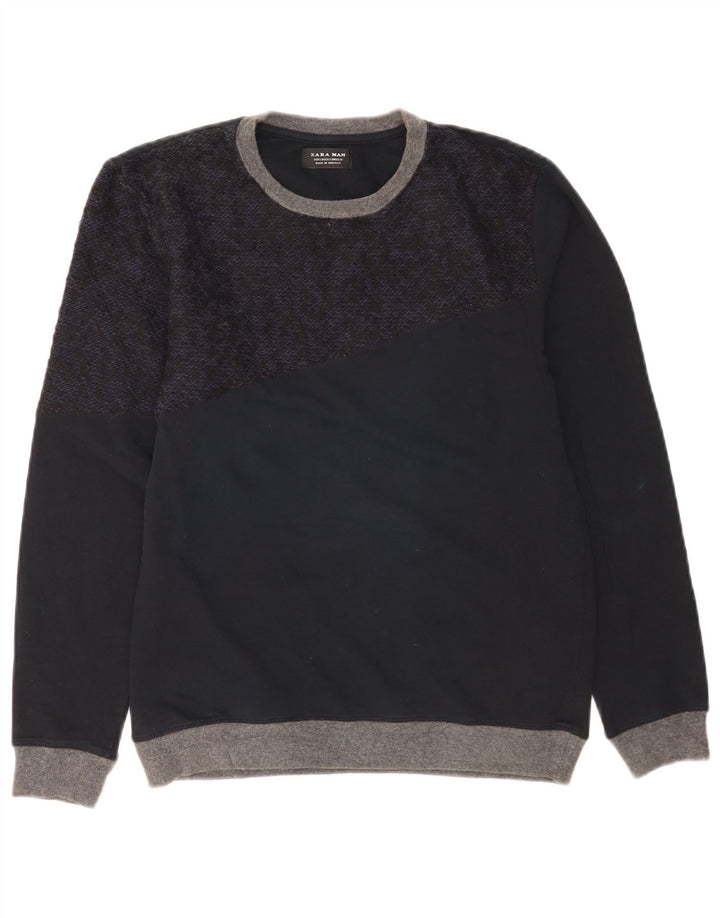 Zara Mens Crew Neck Jumper Sweater Small Navy Blue Colourblock
