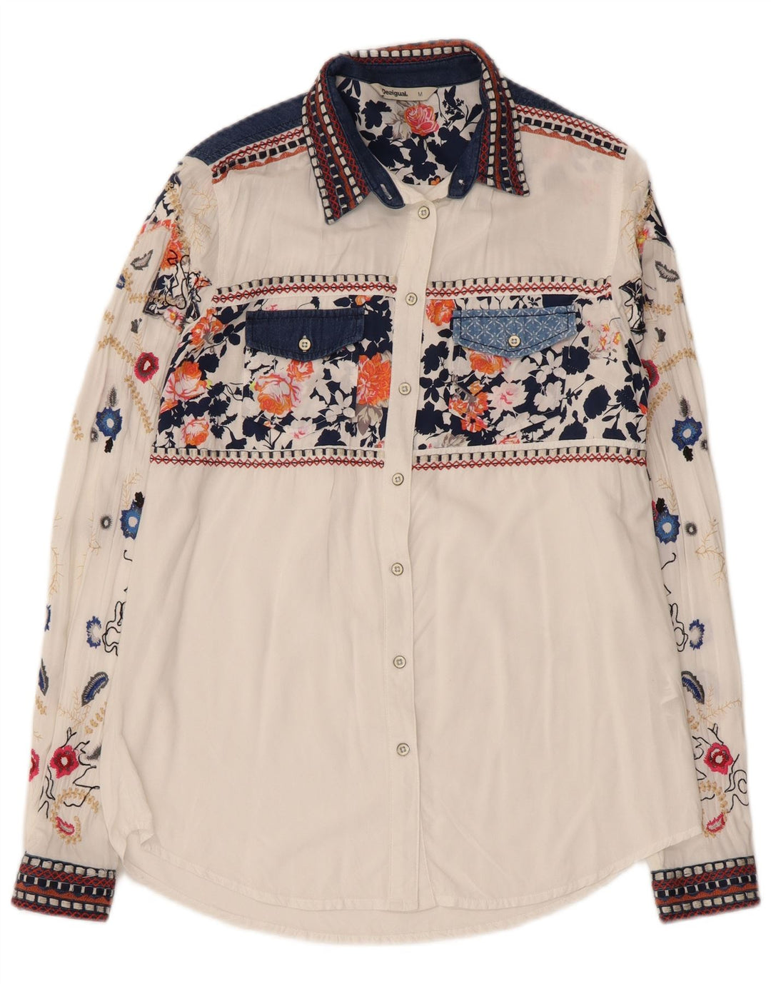 Desigual Womens Shirt UK 12 Medium White Floral Viscose