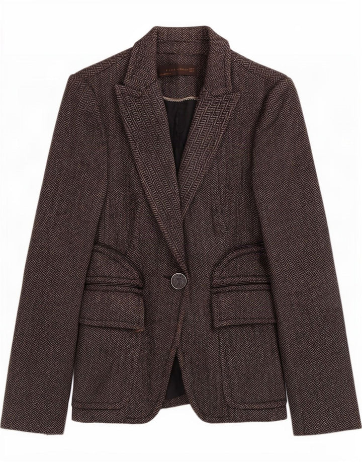 Jaqueta blazer feminina Zara com 1 botão Reino Unido 8 poliéster espinha de peixe cinza pequeno