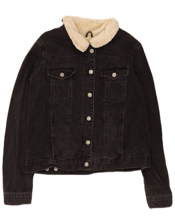 Topshop Damen Denim Sherpa Jacke UK 16 Large Schwarz Baumwolle