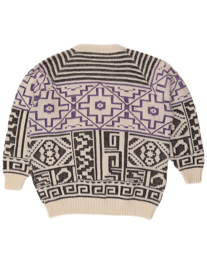 Vintage Herren-Pullover mit Rundhalsausschnitt, große weiße geometrische Wolle