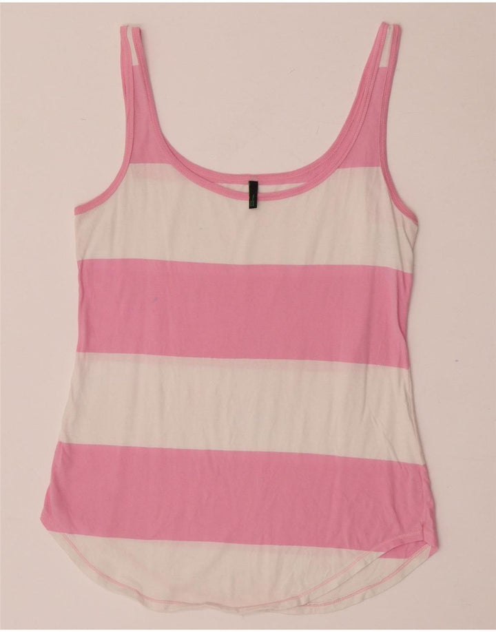 Benetton Womens Vest Top UK 12 Medium Pink Striped Cotton