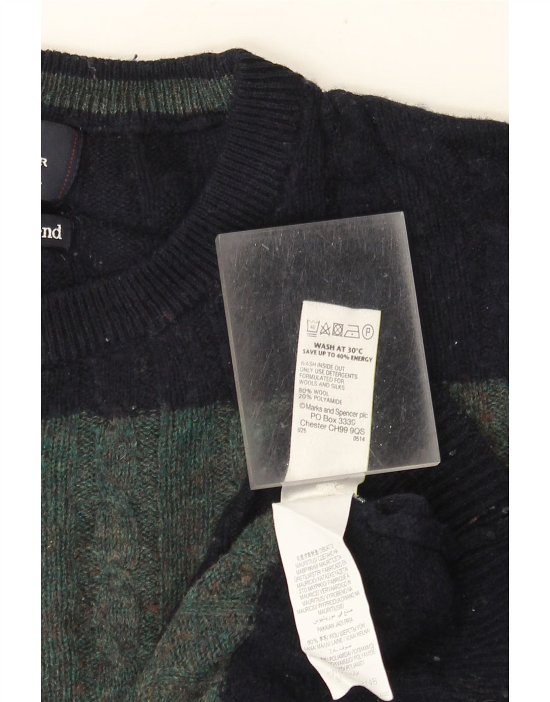 Marks & Spencer Mens Crew Neck Jumper Sweater XL Green Striped Wool