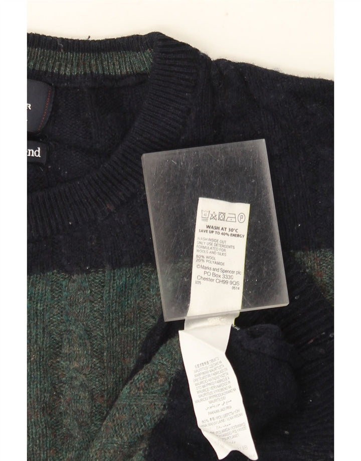 Marks & Spencer Mens Crew Neck Jumper Sweater XL Green Striped Wool