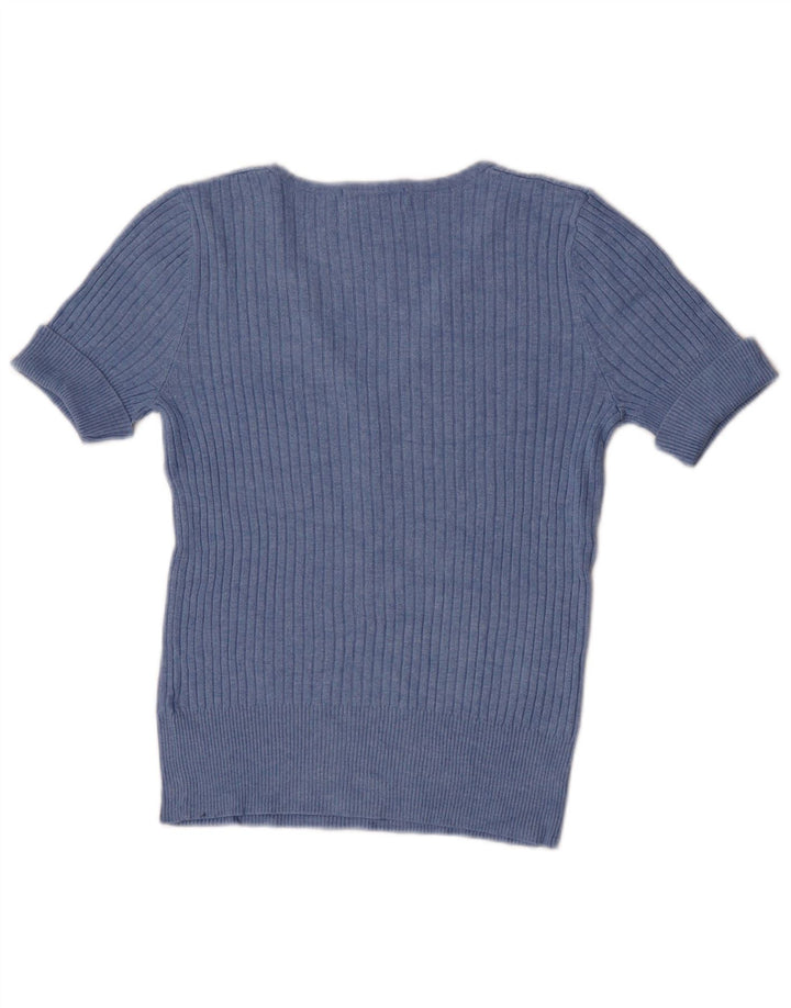 Marks & Spencer Womens Short Sleeve V-Neck Jumper Sweater UK 12 Medium Blue