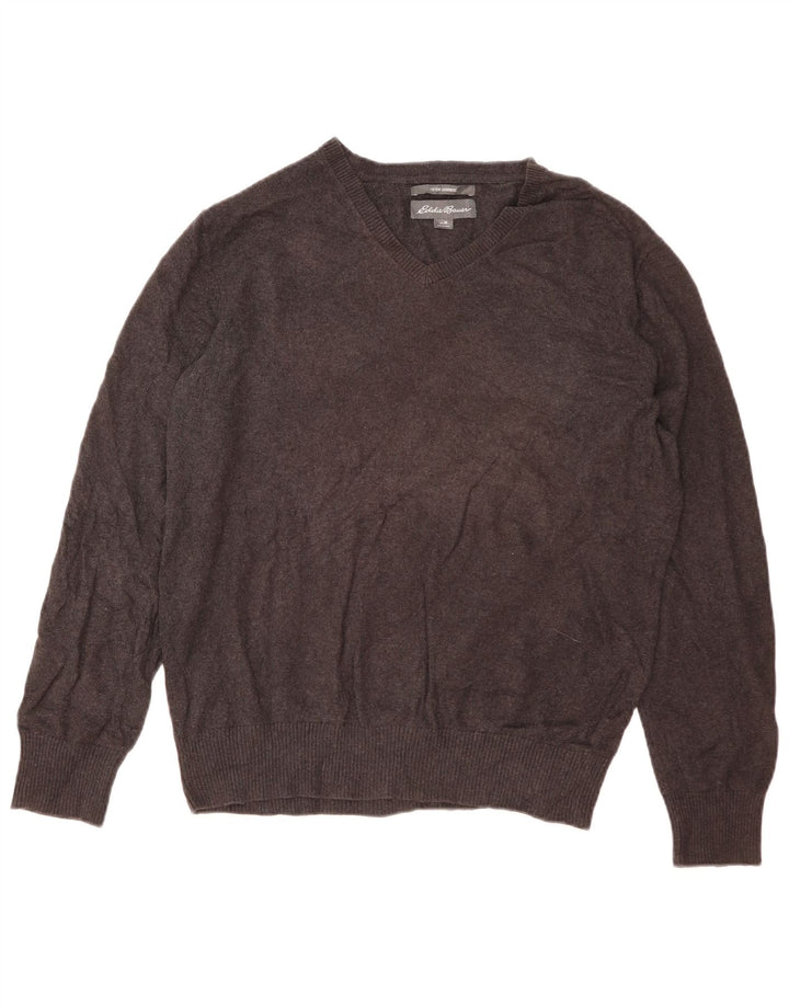 Eddie Bauer Mens V-Neck Jumper Sweater Medium Grey Flecked Cotton
