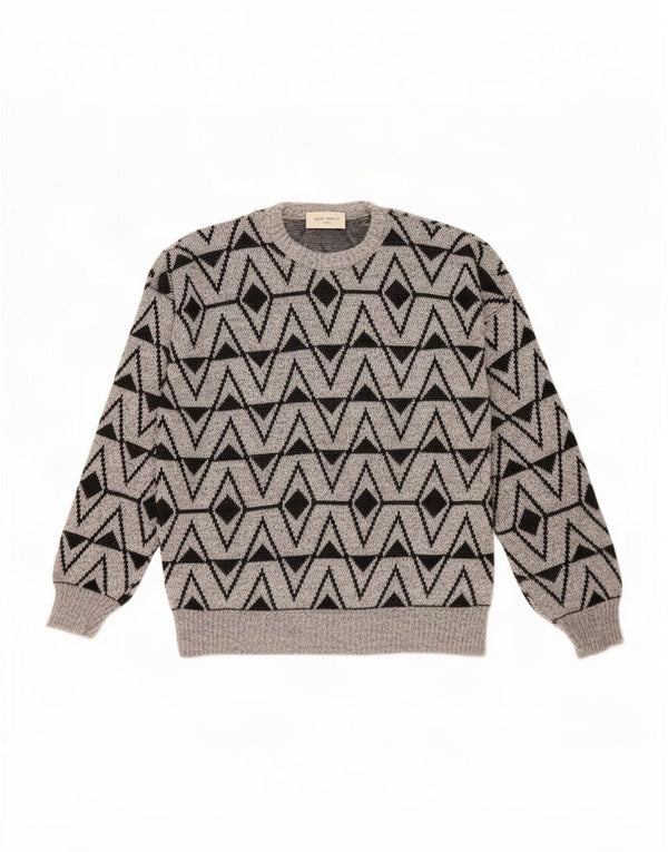 Vintage Mens Crew Neck Jumper Sweater Large Grey Geometric Acrylic