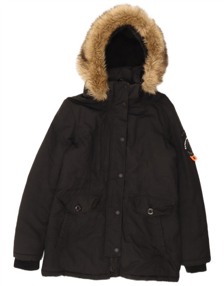 Superdry Womens Hooded Parka Jacket UK 14 Large Black Nylon
