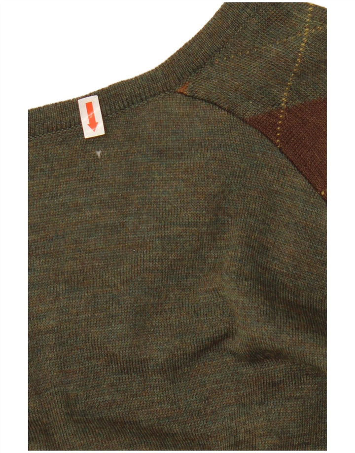 NOVELLI  Mens V-Neck Jumper Sweater IT 52 Large Khaki Argyle/Diamond Wool