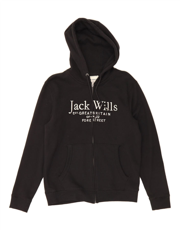 JACK WILLS Mens Graphic Zip Hoodie Sweater Medium Black Cotton Vintage Jack Wills and Second-Hand Jack Wills from Messina Hembry 