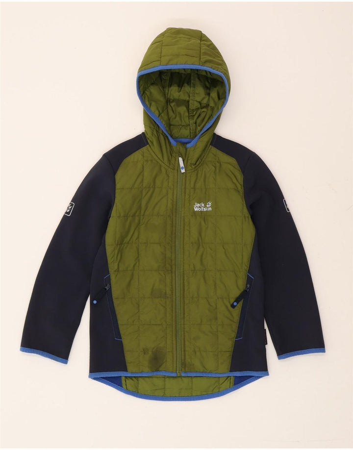 Jack Wolfskin Boys Hooded Padded Jacket 7-8 Years Green Colourblock