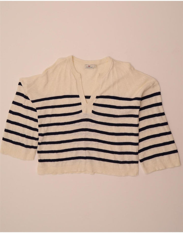 VINEYARD VINES Womens V-Neck Jumper Sweater UK 14 Medium White Striped Vintage Vineyard Vines and Second-Hand Vineyard Vines from Messina Hembry 