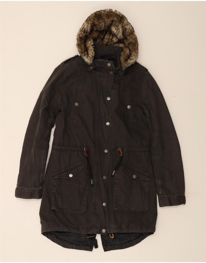 FAT FACE Womens Hooded Parka Jacket UK 8 Small Black Cotton