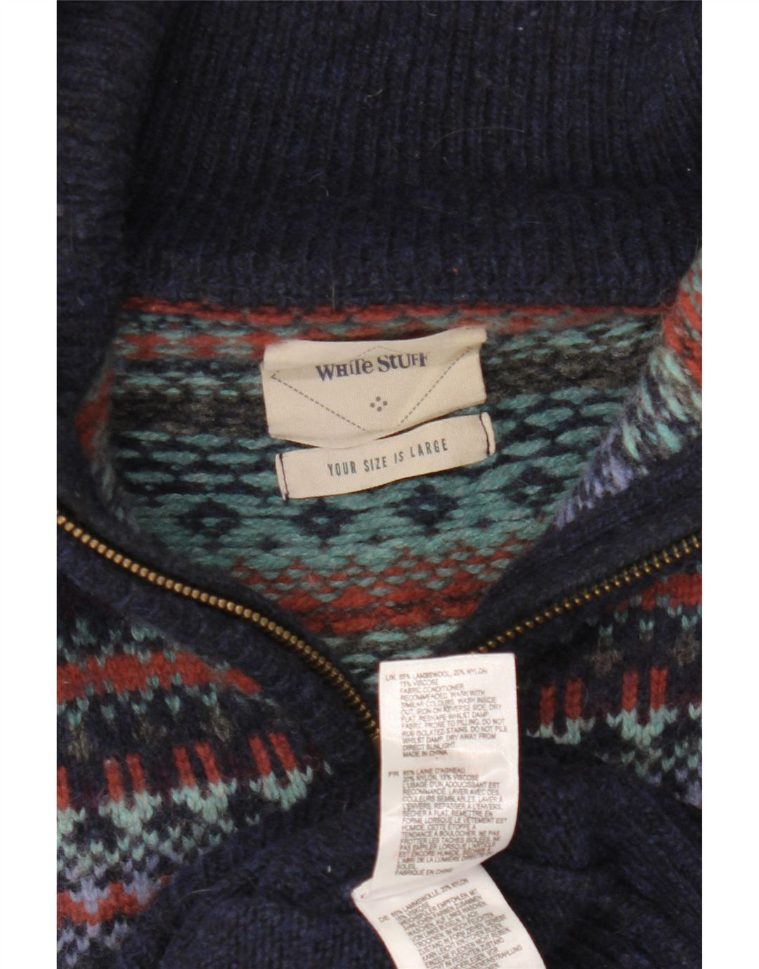 White Stuff Mens Polo Neck Jumper Sweater Large Navy Blue Fair Isle Wool