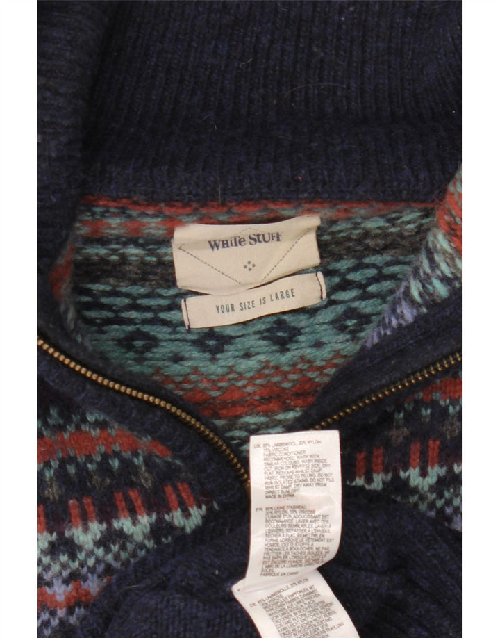 White Stuff Mens Polo Neck Jumper Sweater Large Navy Blue Fair Isle Wool