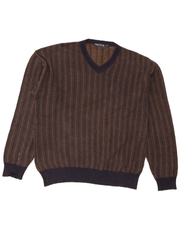 Nautica Mens V-Neck Jumper Sweater Large Brown Striped Cotton