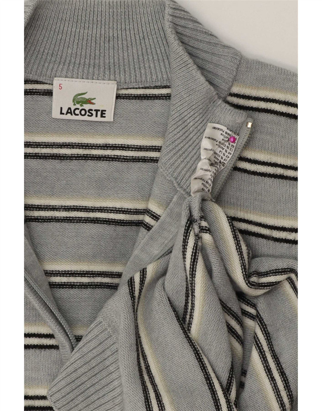 Lacoste Mens Zip Neck Jumper Sweater Size 5 Large Blue Striped Wool