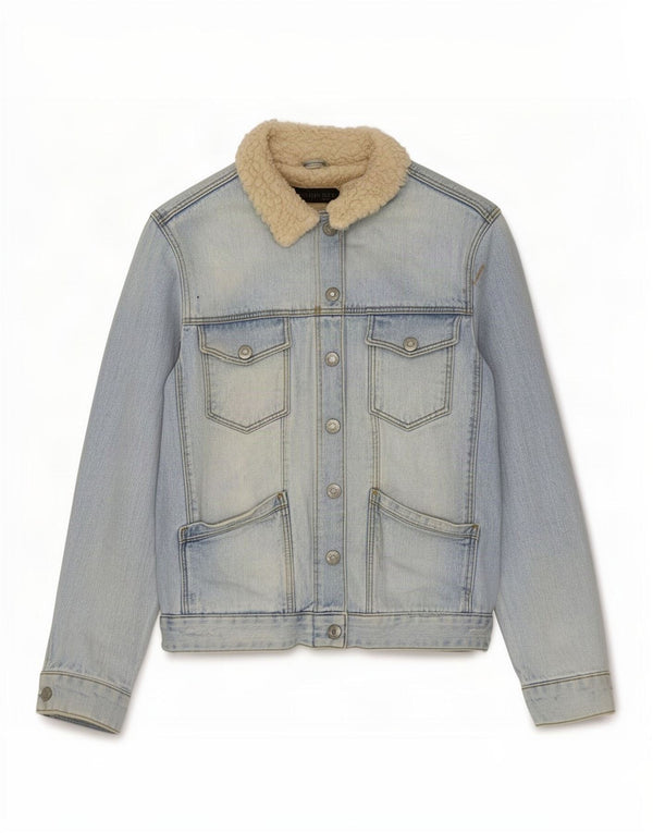 Topshop Dame Sherpa Denim Jacket UK 10 Small Blue Colourblock Bomuld