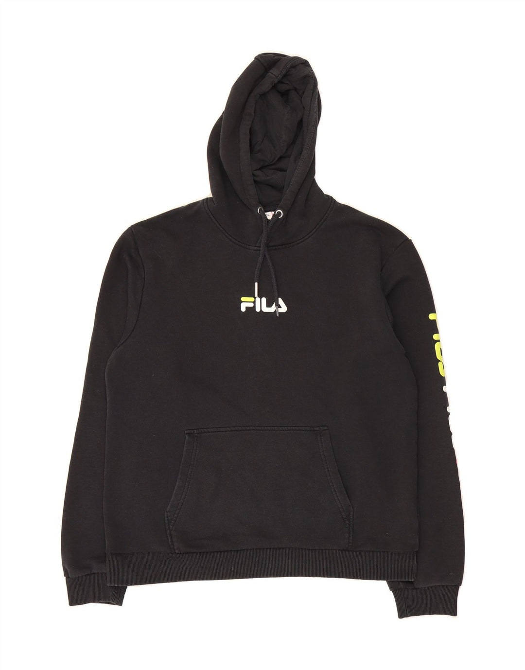 FILA Mens Graphic Hoodie Jumper Medium Black Cotton Vintage Fila and Second-Hand Fila from Messina Hembry 