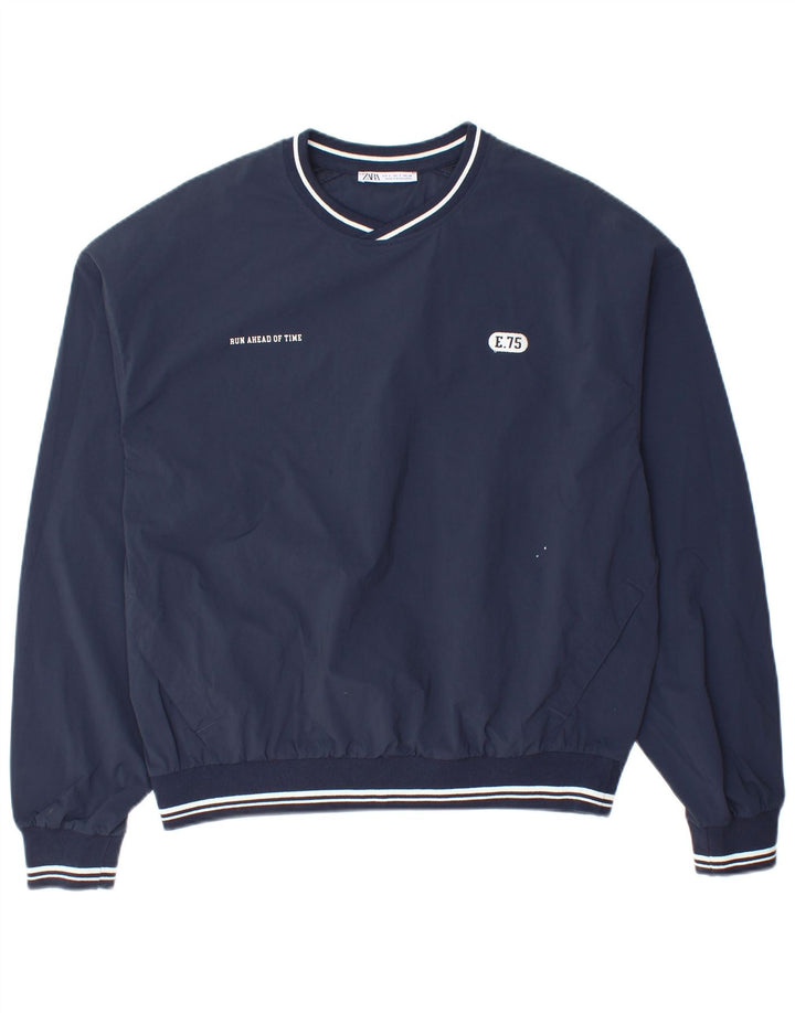 Zara Herre New York Grafisk Loose Fit Pullover Træningsdragt Top Small Navy Blue
