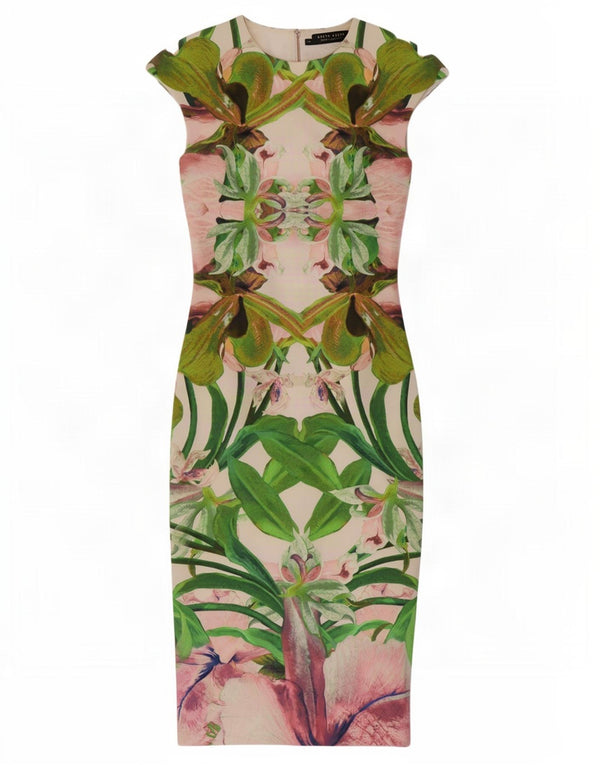 Ted Baker Damen, figurbetontes Kleid, Größe 1 XS, mehrfarbiges Blumenmuster aus Polyester