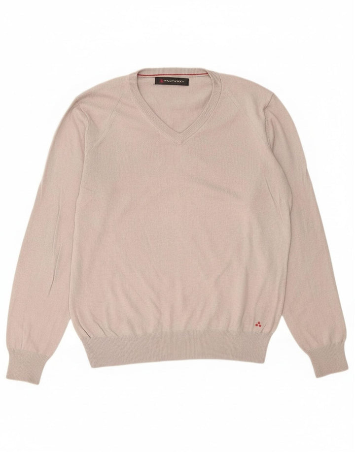 PEUTEREY Mens V-Neck Jumper Sweater Small Grey Cotton