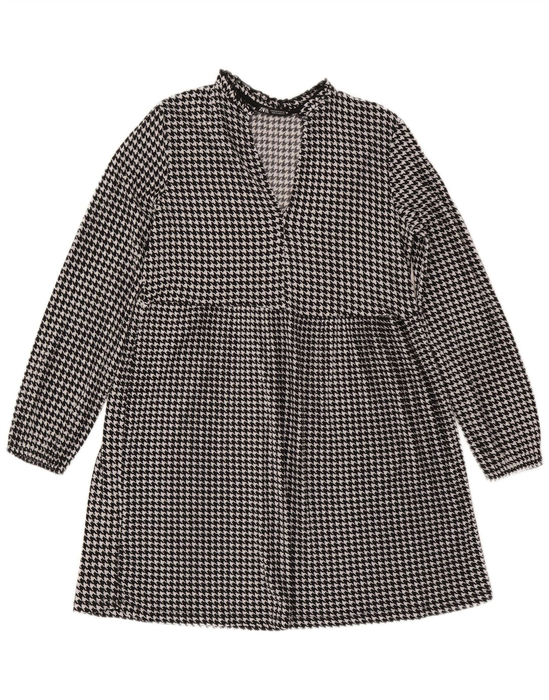 Zara Dame Langærmet A-Line Kjole UK 14 Medium Black Houndstooth