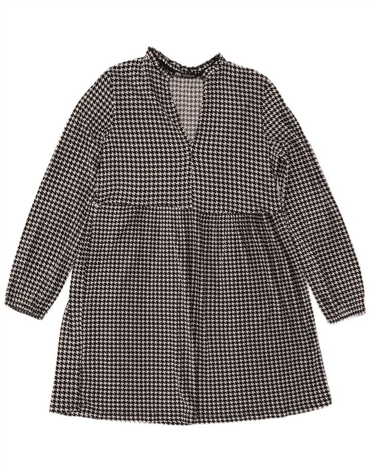Zara Dame Langærmet A-Line Kjole UK 14 Medium Black Houndstooth