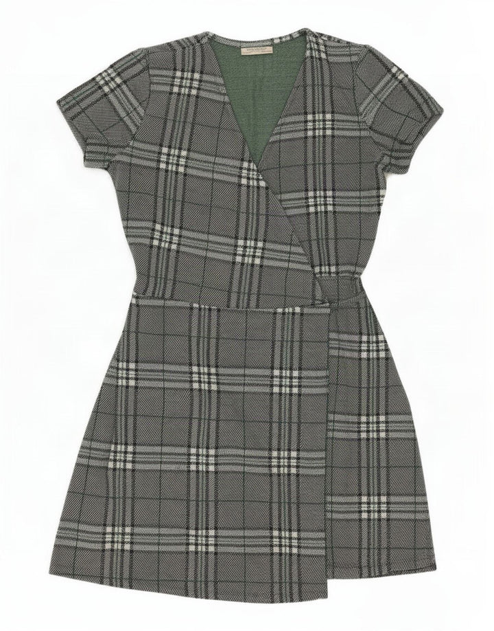 Zara Womens Wrap Dress UK 14 Large Green Plaid Polyester