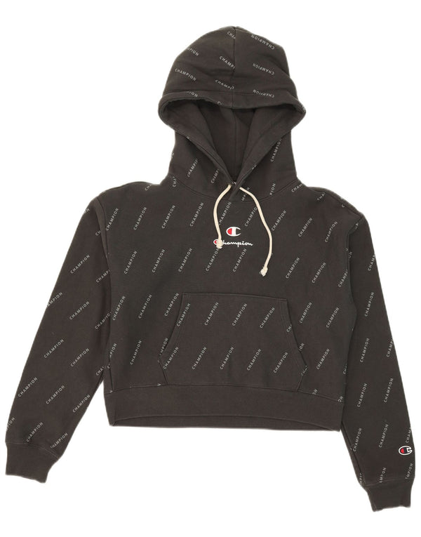 Champion Womens Crop Graphic Hoodie Jumper UK 14 Medium Black Bomuld