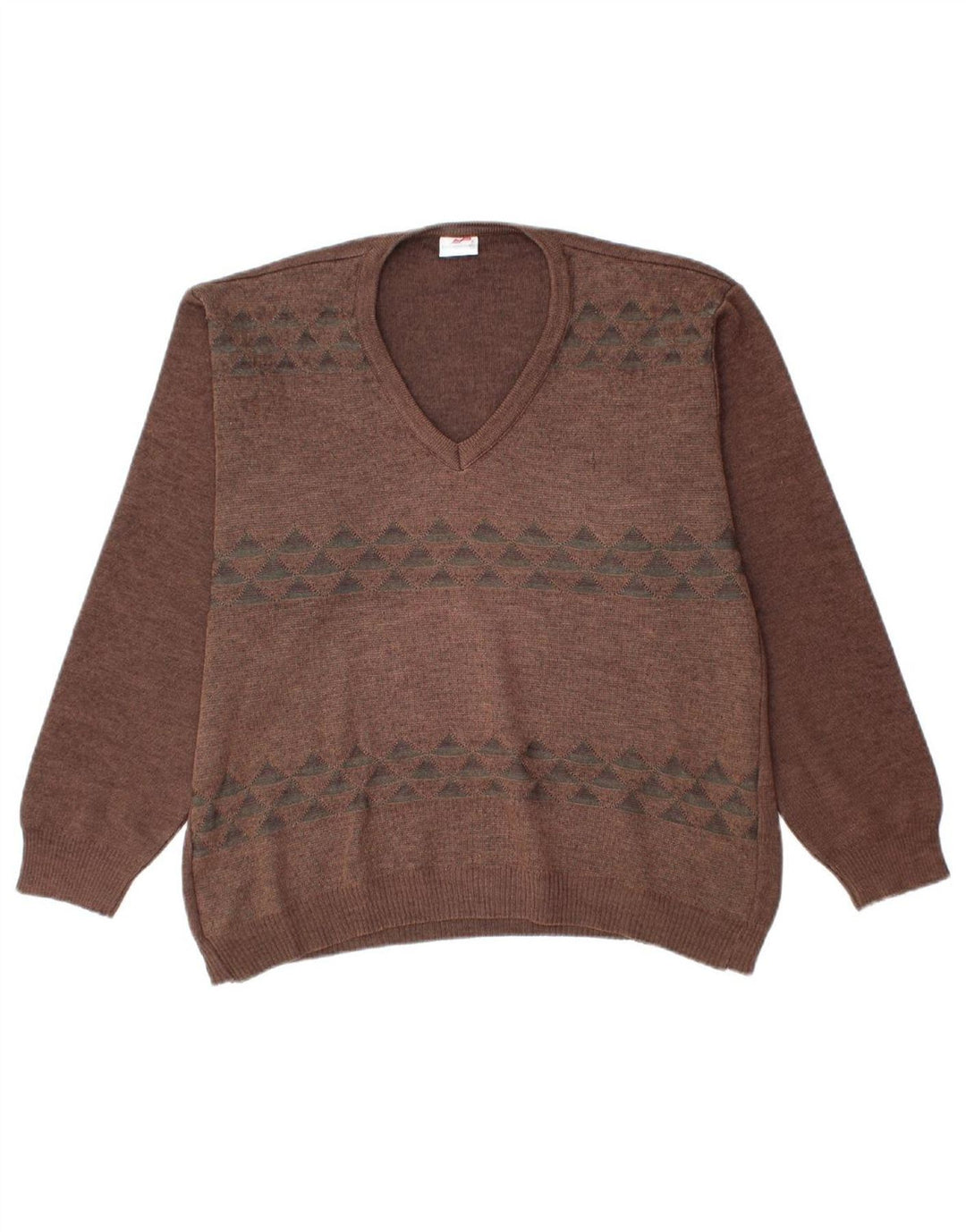 BERNARDINI Mens V-Neck Jumper Sweater Medium Brown Geometric Wool