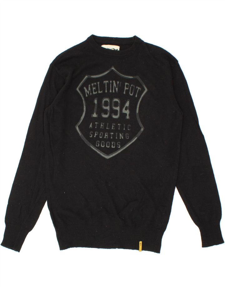 MELTIN' POT Mens Graphic Boat Neck Jumper Sweater Small Black Viscose Vintage Meltin' Pot and Second-Hand Meltin' Pot from Messina Hembry 