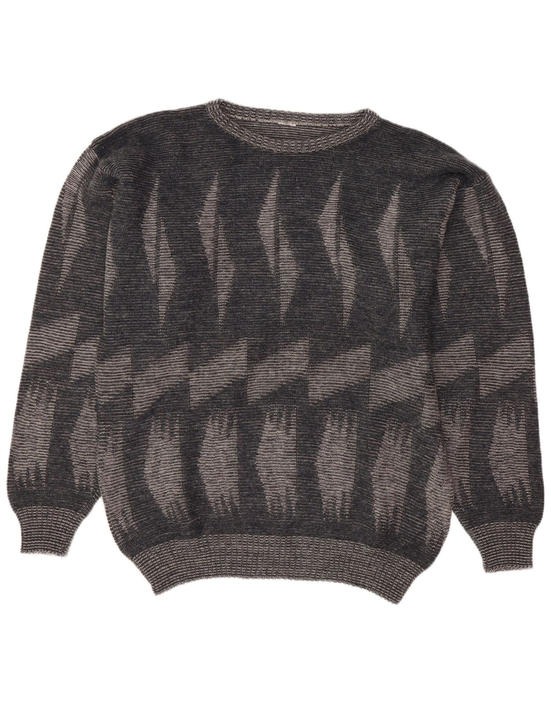 Vintage Mens Crew Neck Jumper Sweater Large Grey Geometric