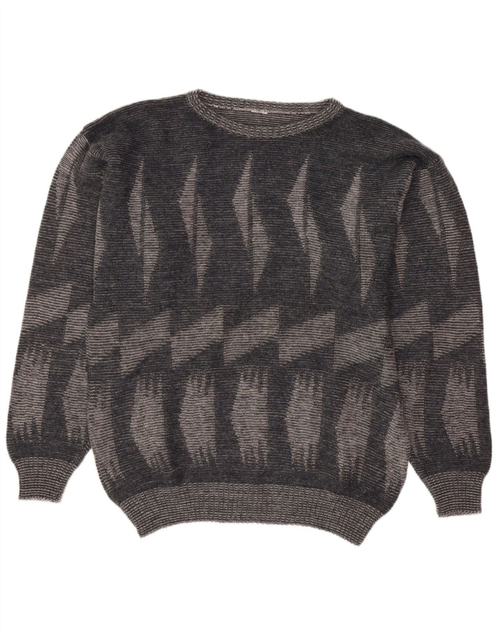 Vintage Mens Crew Neck Jumper Sweater Large Grey Geometric