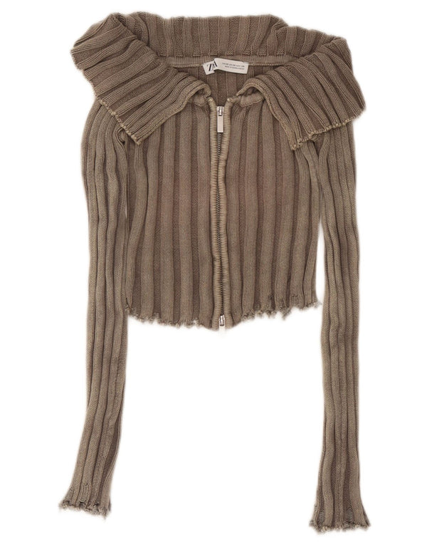 Zara Womens Crop Cardigan Sweater UK 4 XS Brun