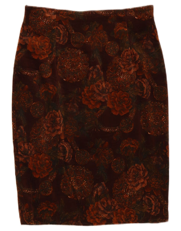 Vintage Womens Velvet Pencil Skirt IT 44 Medium W28 Brown Floral Cotton