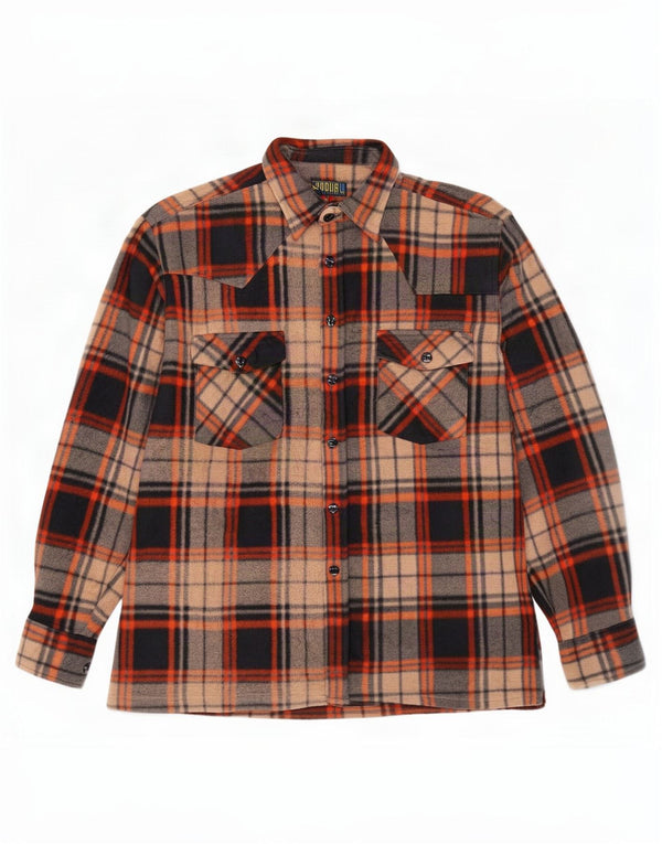 Vintage Mens Fleece Shirt Medium Brown Plaid Polyester