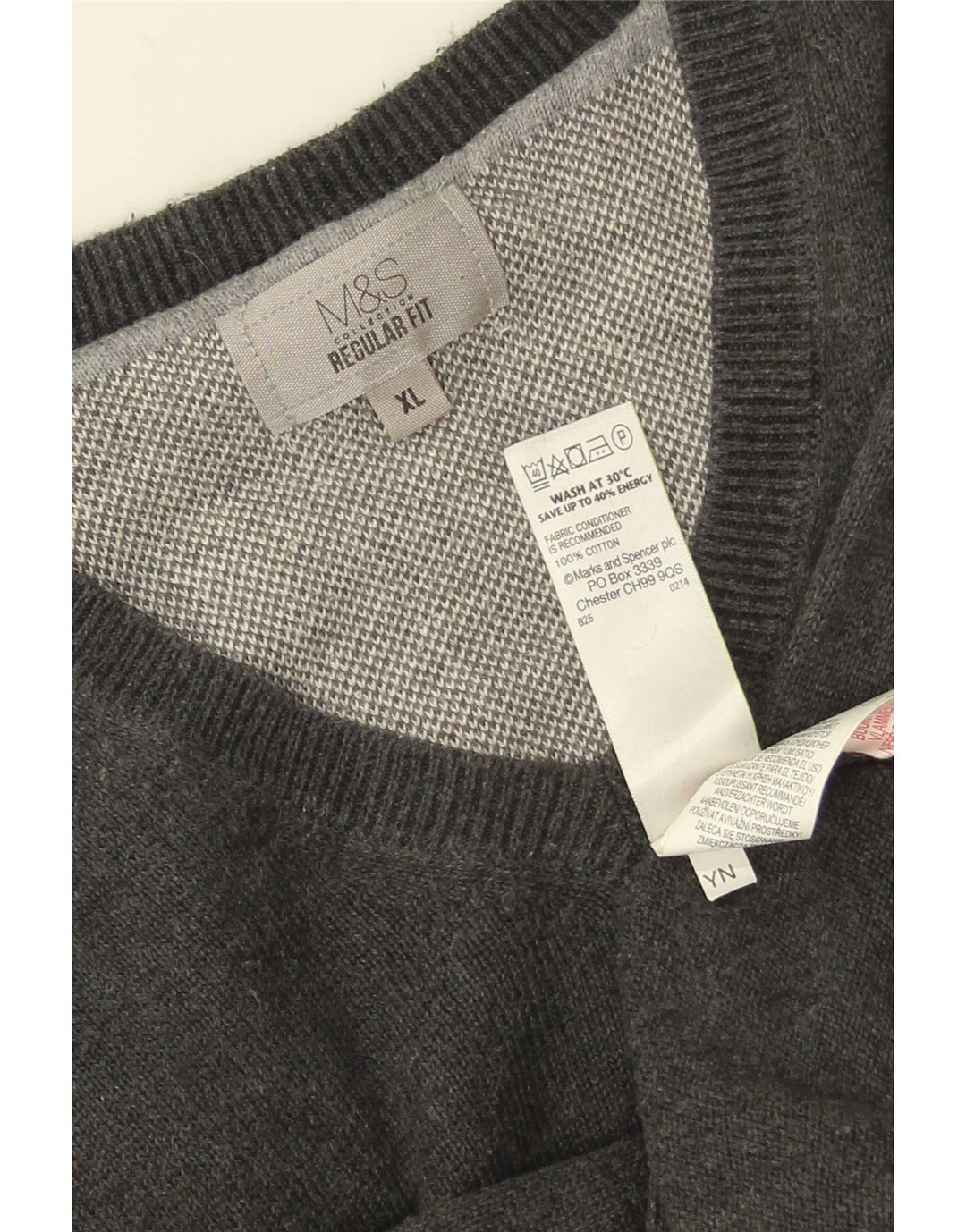 Marks & Spencer Mens Regular Fit V-Neck Jumper Sweater XL Grey Cotton