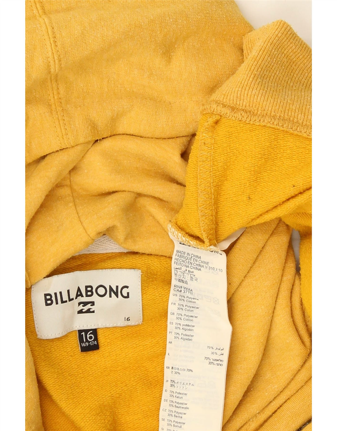 Billabong Boys Hoodie Jumper 15-16 Years Yellow Polyester
