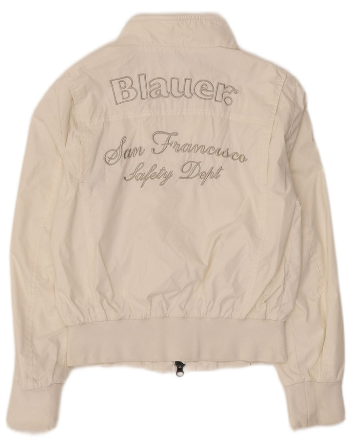 Blauer Mädchen-Bomberjacke mit Grafik, 9–10 Jahre, weißes Nylon