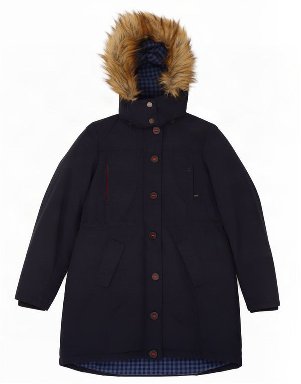Casaco acolchoado com capuz feminino Fat Face UK 14 nylon azul marinho médio