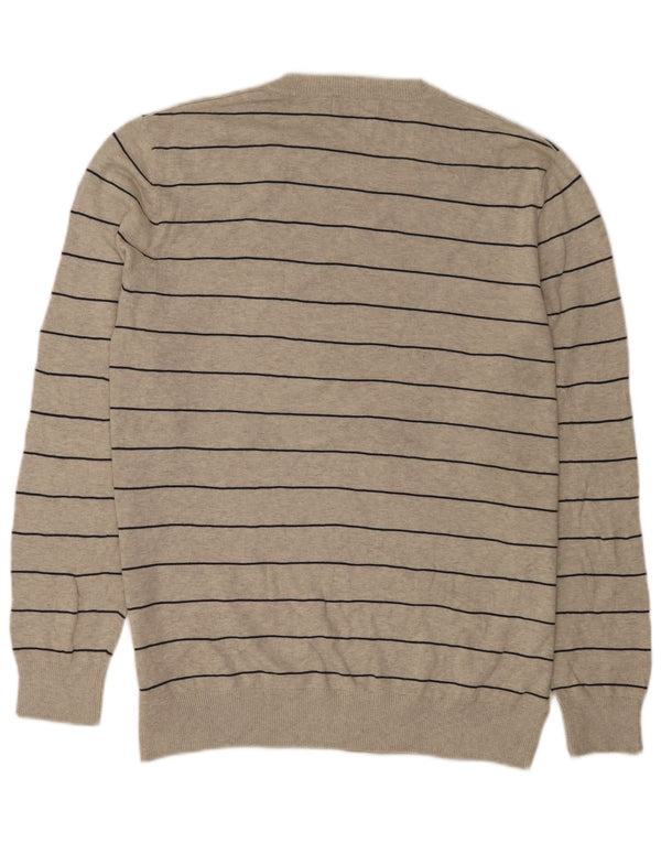 Nautica Mens V-Neck Jumper Sweater Large Grey Striped Cotton