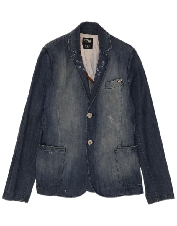 Rifle Mens Distressed Denim Blazer Jacket UK 38 Medium Blue Cotton