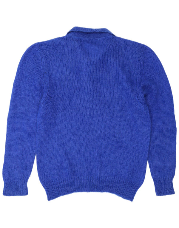 Maglione vintage da donna con collo a polo con grafica IT 48 XL Mohair floreale blu