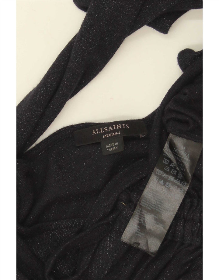 Top corto da donna All Saints a maniche lunghe UK 12 viscosa blu navy medio