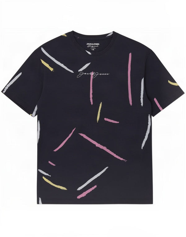Jack & Jones Mens Graphic T-Shirt Top Medium Navy Blue Striped Cotton