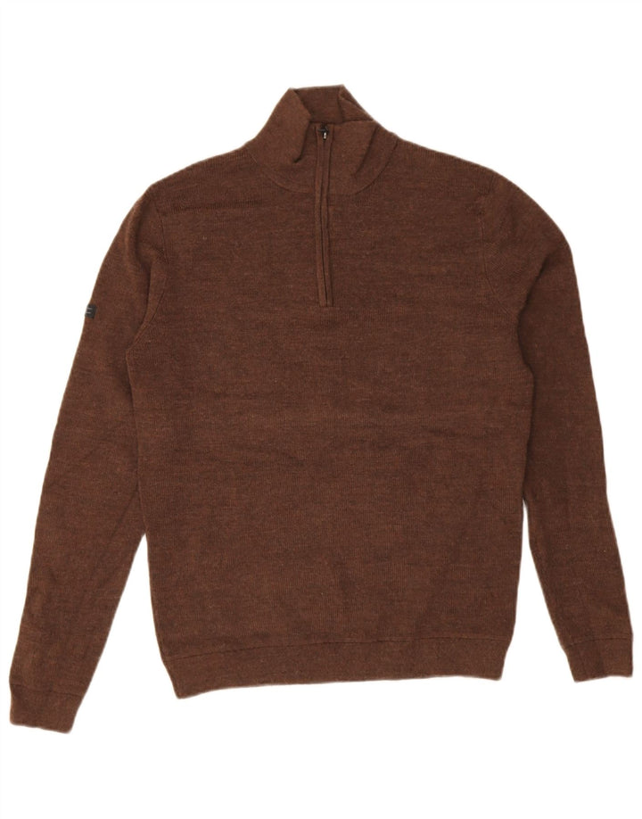 Superdry Mens Zip Neck Jumper Sweater Medium Brown Merino Wool